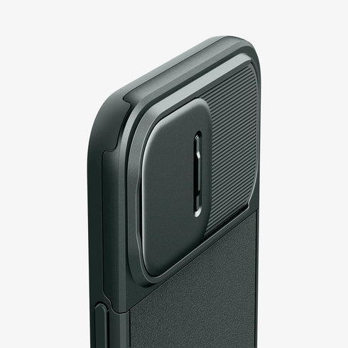 ACS06599 - iPhone 15 Pro Max Case Optik Armor (MagFit) in black showing the back with lens slot open